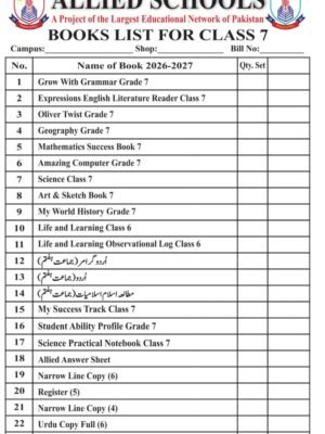 Allied Schools Books List for Class 7 2026 | Complete Book Set Pakistan
